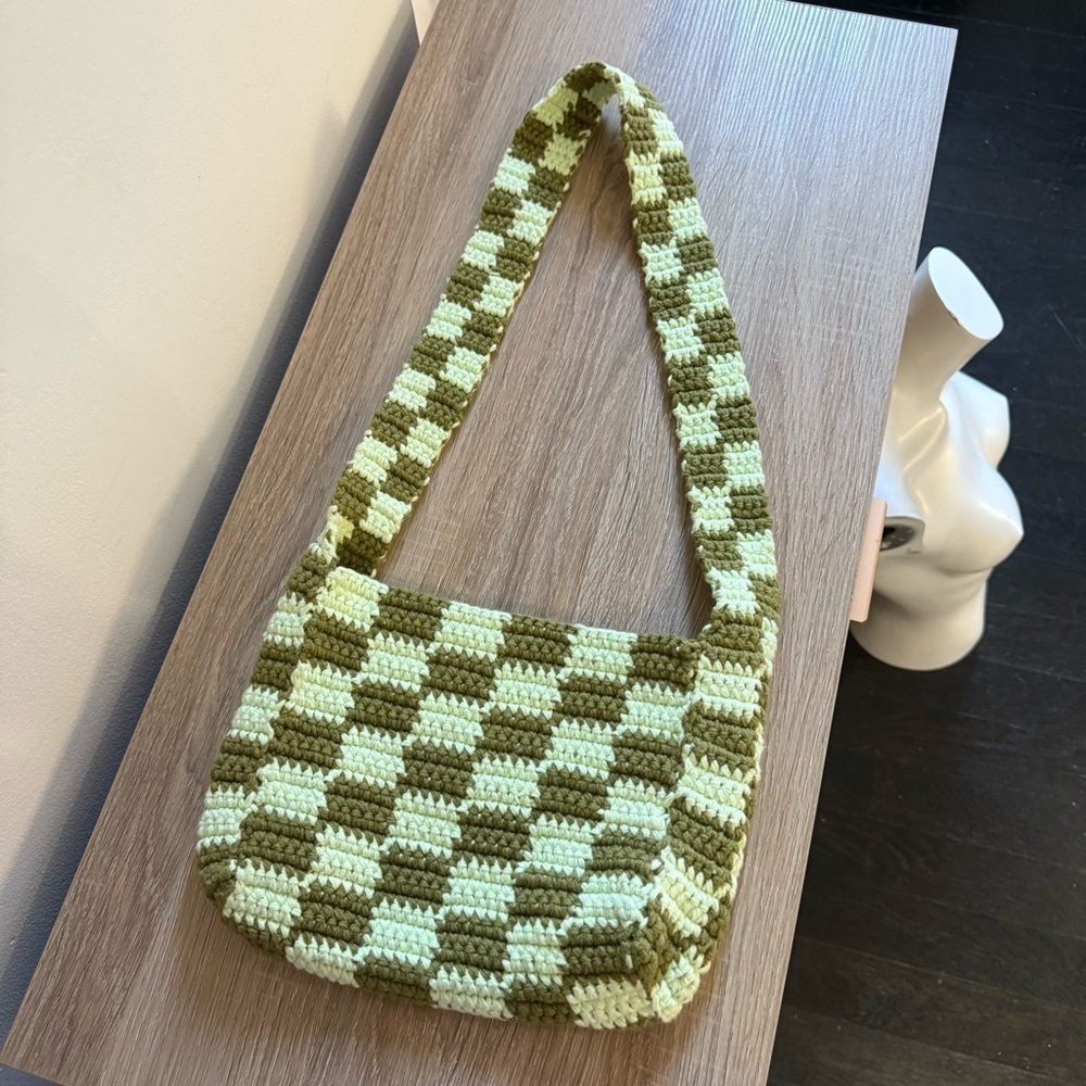 Green Checkered Crochet Shoulder Bag